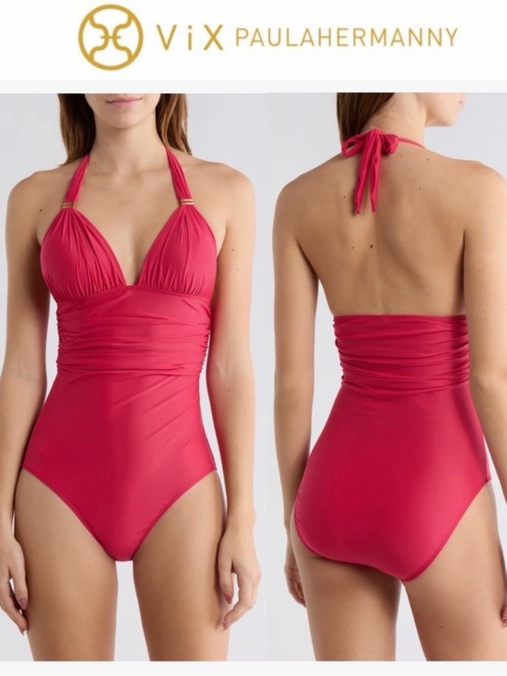 Vix Paula Hermanny Bia One-Piece Swimsuit Pink Halter Swimsuit Sz M NWT $176